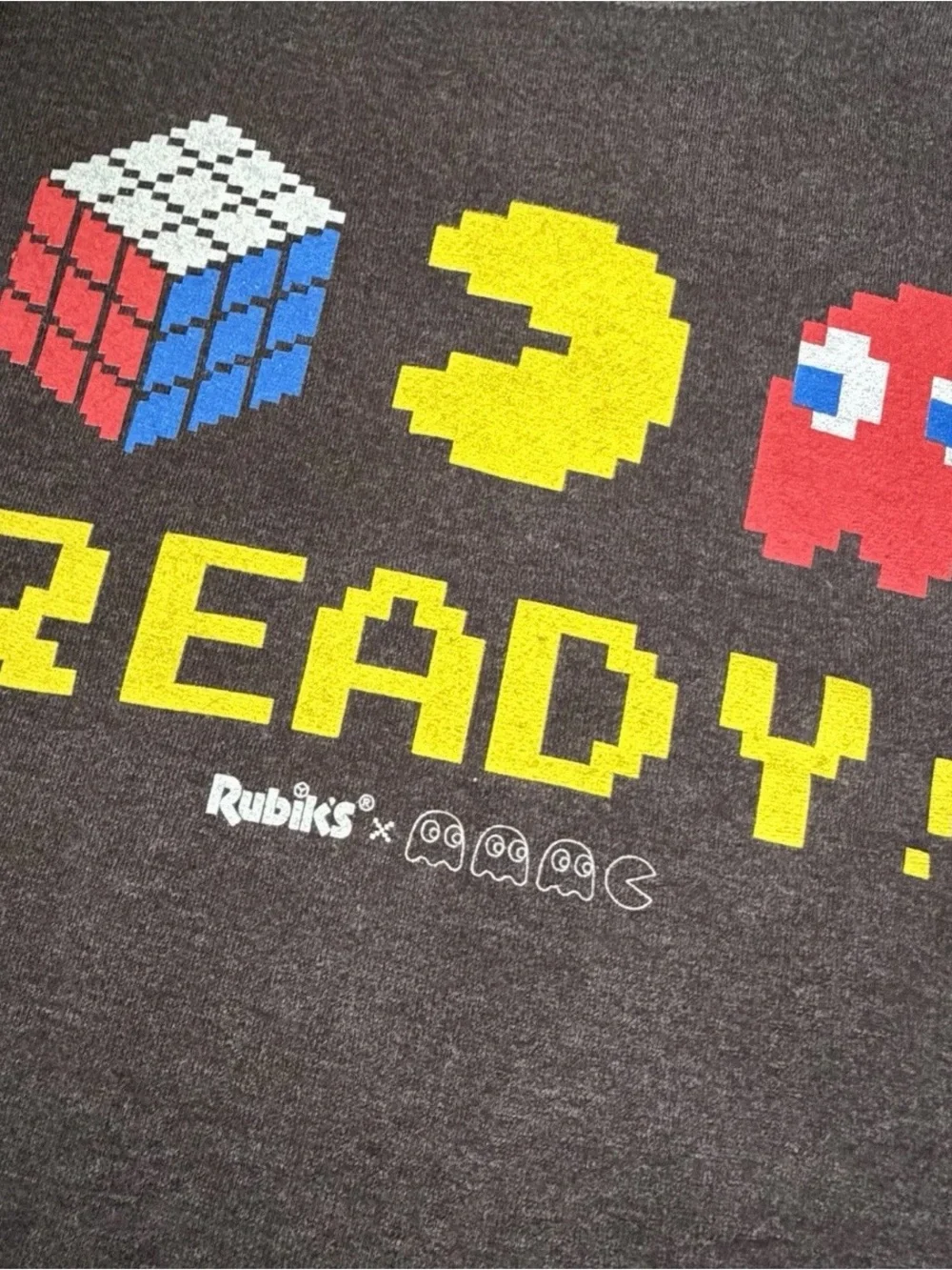 Pac Man Rubik’s Cube Crewneck Sweatshirt Mens Medium Gray Retro Gaming Fleece - Picture 2 of 7